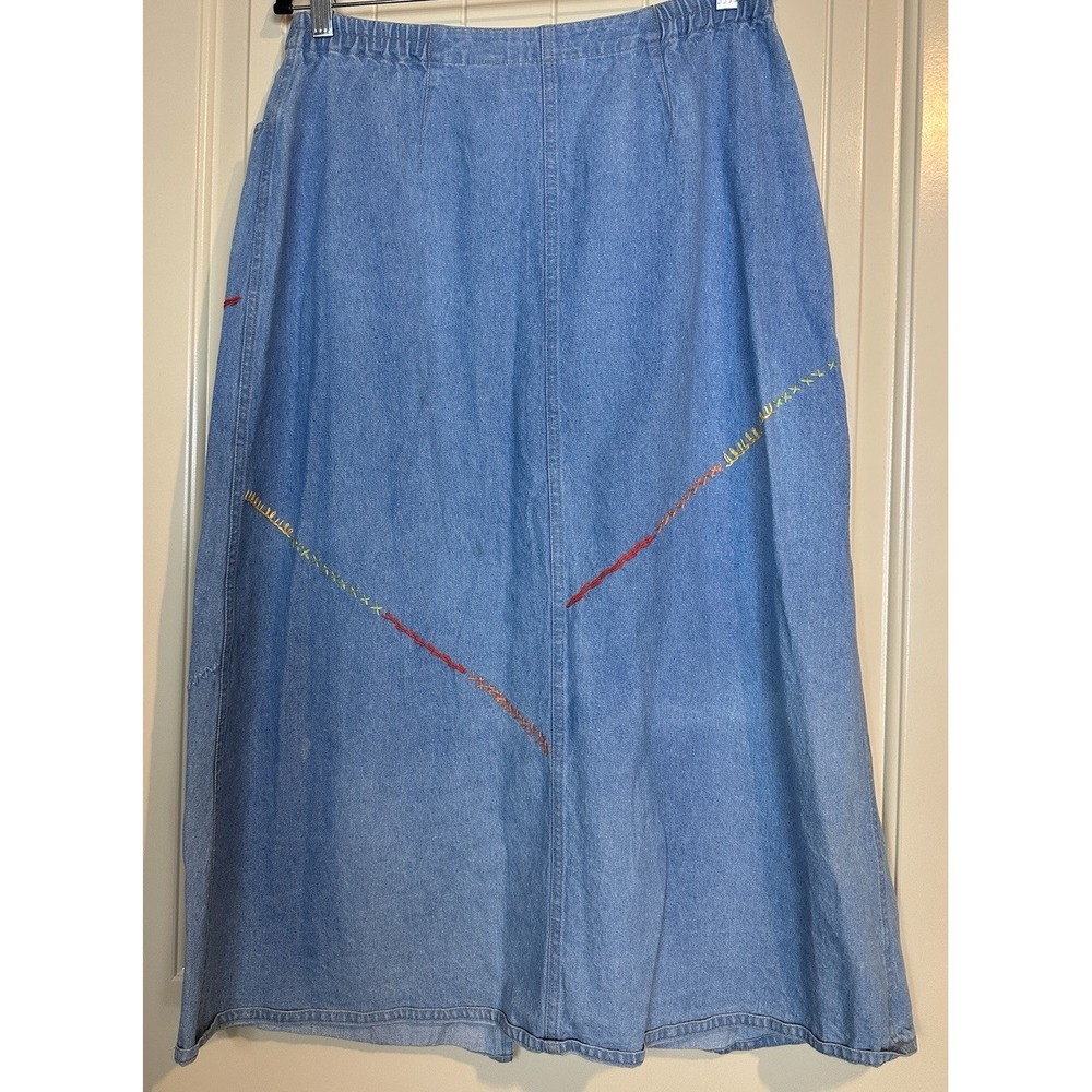 Denim Cotton Maxi Embroidered Boho Country Vintage Skirt Western slit Sz 10P - Picture 3 of 5